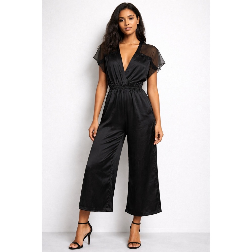 Vintage NEW Fredericks of Hollywood Black‎ Satin Mesh Wide Leg Jumpsuit Large